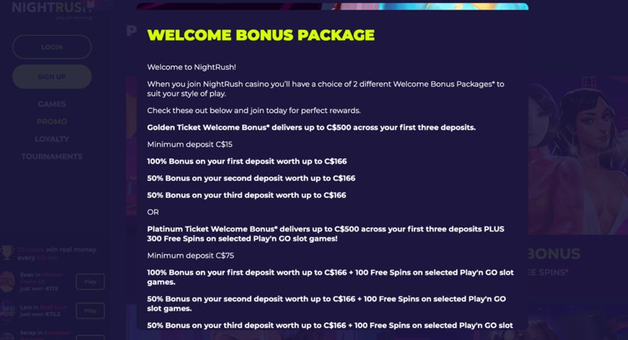 casino welcome bonus package screen